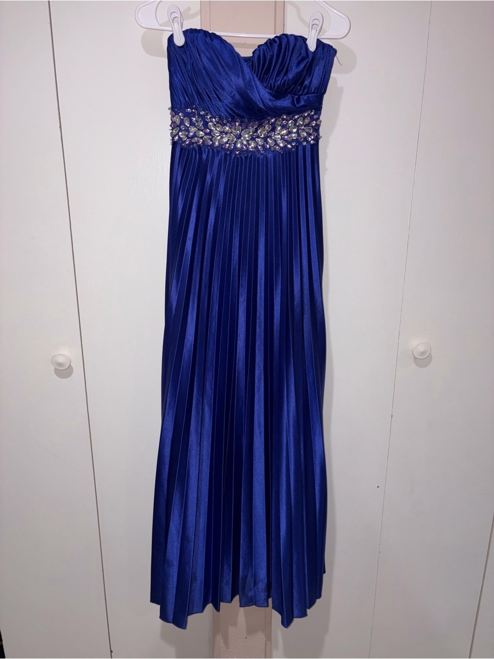Royal Blue Pleated Strapless Gown – Rhinestone Imperial Waist Maxi Size 3 - Picture 4 of 12